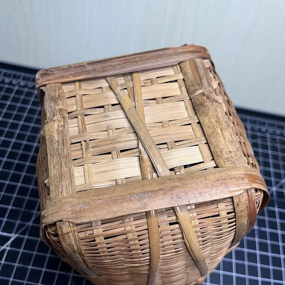 Vintage Handmade Wicker Rattan Basket Planter Brown W Tortoise Bamboo Reeds Boho